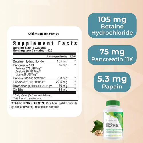 Miniatura 3 de Youngevity Ultimate Enzymes - Enzimas múltiples para digestión, gases y alivio de la hinchazón - Betaína HCl, Bis de Buey, Pancreatina 10X, Papaína