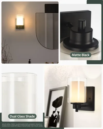 Miniatura 2 de Paquete de 2 Luminarias de Tocador de Baño de 1 Luz, Luz de Pared Negra para Interiores con Pantalla de Vidrio Dual, Aplique de Pared de Baño