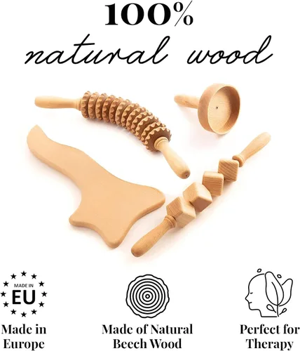 Miniatura 3 de Tuuli Accesorios - Juego de 4 masajes de madera, incluye rodillo muscular, taza de masaje para celulitis y herramienta de drenaje linfático, ayuda a