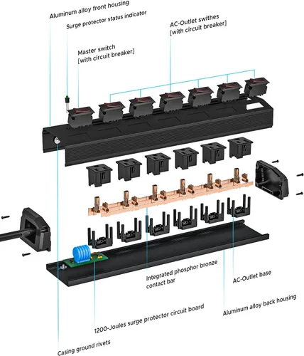 Miniatura 8 de CRST Regleta de alimentación de metal de 6 tomas con interruptores individuales, protector contra sobretensiones montable para garaje, taller