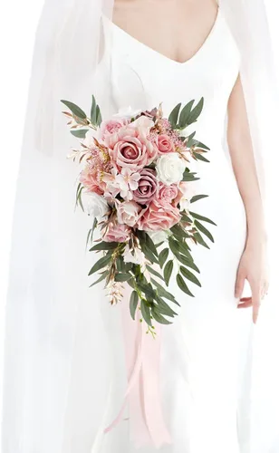 Ansofi Ramos de boda de rosas polvorientas de 9 pulgadas para novia, ramo de novia en cascada para novia, rosas artificiales de seda, ramo de flores
