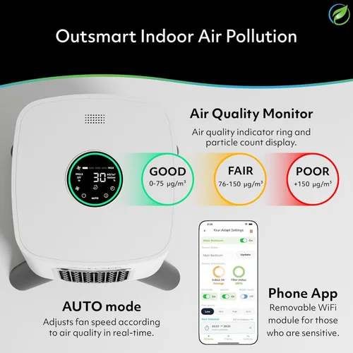 Miniatura 7 de Air Oasis iAdapt 2.0 H13 - Purificador de aire con filtro HEPA Reduce hasta el 99% de los virus, moho, polvo, humo, polen y olores