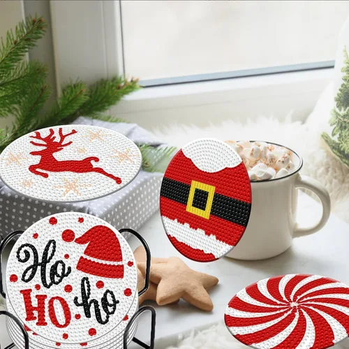 Miniatura 5 de Denylo pro 8 Piezas Kits de Posavasos de Arte de Diamantes de Navidad con Soporte DIY Posavasos de Arte de Diamantes de Navidad para Adultos