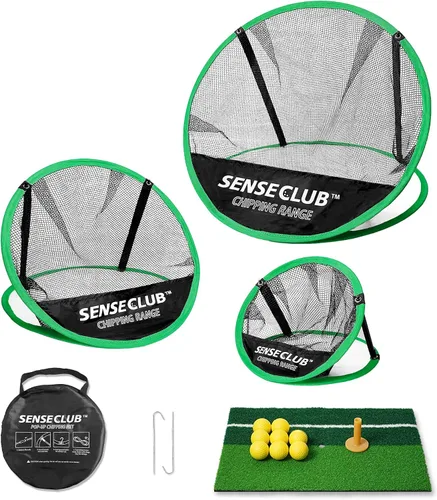 Miniatura 10 de SENSECLUB Red de astillado plegable y green flotante, objetivo de astillado de práctica de golf interior, juego de golf de patio trasero y regalos