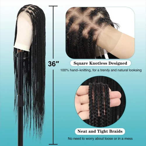 Miniatura 2 de Kalyss Pelucas trenzadas sin nudos para mujer, peluca trenzada con encaje frontal de 13 x 8 pulgadas, pelucas trenzadas con cabello de bebé, peluca
