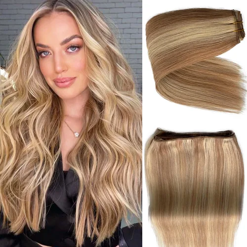 Miniatura 19 de Extensiones de trama de cabello humano real, para coser, con mechas rubias, cabello Remy marrón cenizo mezclado con rubio platino, atado a mano - 14