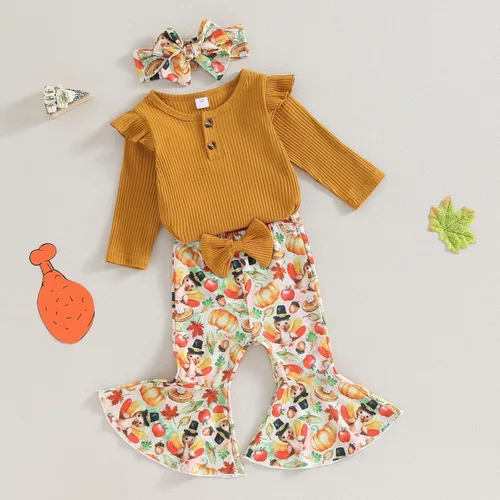 Miniatura 2 de Kuriozud Conjunto de mameluco con volantes para bebé recién nacida, con volantes, lindo conjunto de pantalones acampanados con diadema