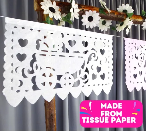 Miniatura 4 de Pancartas de fiesta de baby shower de niña rosa/blanca – Decoraciones de baby shower rosa Fiesta Papel Picado, guirnaldas de papel con serpentinas