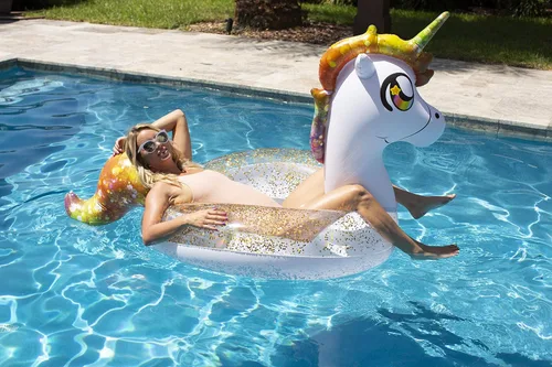 Miniatura 4 de PoolCandy Paquete inflable de fiesta de animales con purpurina – Combo de un hermoso animal con purpurina más un flotador de bebida animal