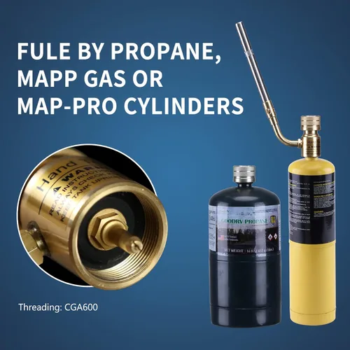 Miniatura 7 de Cabezal de Antorcha de Gas Propano Mapp Boquilla Giratoria 360°, Antorcha de Plomería Calor Ajustable Alimentada por Cartuchos de Propano Mapp Dorado