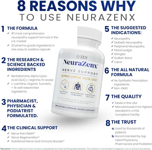 Miniatura 3 de Zen Nutrients NeuraZenX Suplemento de Apoyo Nervioso y Apoyo para Neuropatía Periférica con 1200mg de Ácido Alfa Lipoico (ALA), Benfotiamina