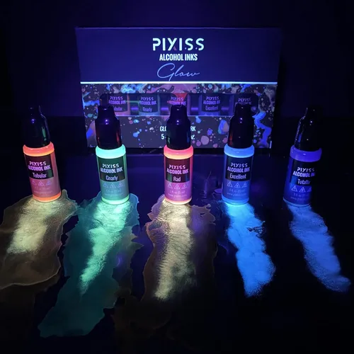 Miniatura 5 de Pixiss Juego de tinta de alcohol que brilla en la oscuridad, 5 tonos de tinta de alcohol brillante para suministros de resina epoxi, papel Yupo