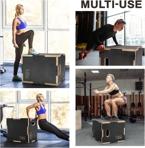 Miniatura 7 de Fitvids Plataforma de ejercicio de madera antideslizante de 16 x 14 x 12 pulgadas, equipo de entrenamiento pliométrico para gimnasio en casa, caja