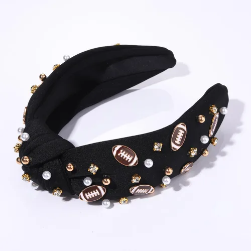 Miniatura 8 de Diadema de fútbol para mamá, accesorios de perlas con diamantes de imitación anudados, banda ancha para el pelo negra, diadema de nudo superior