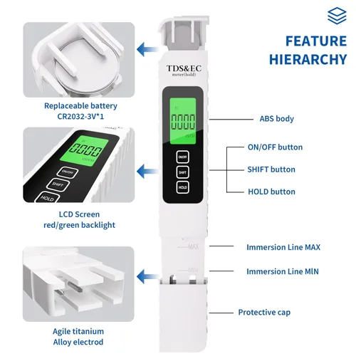 Miniatura 6 de Probador digital de calidad del agua 4 en 1 - Medidor TDS/EC/temperatura (°C/°F) TDS 0-9999 ppm Preciso y profesional para agua potable
