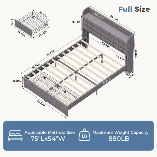 Miniatura 2 de DUMOS Base de cama tapizada de tamaño matrimonial, cama matrimonial con cajones de almacenamiento y cabecera de tela, soporte de listones de madera