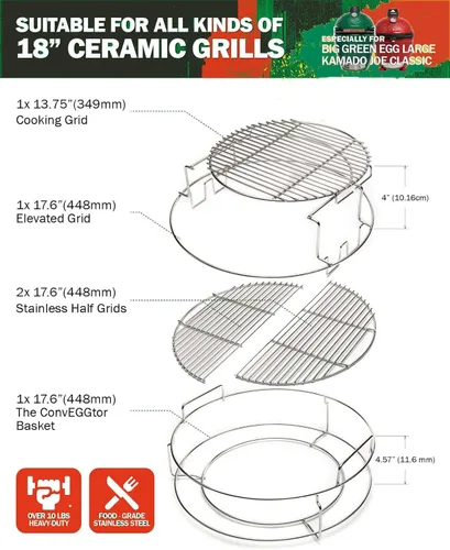 Miniatura 2 de Kit de repuesto mejorado de 5 piezas para Big Green Eggspander, incluye parrilla multifunción para parrilla, cesta de conveggtor, hecho de acero