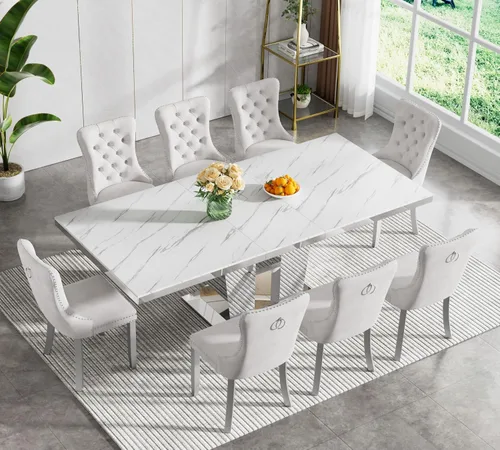 Miniatura 105 de Juego de mesa de comedor extensible de 5 piezas, juego de mesa de comedor extensible de estilo granja para 4, mesa de cocina expandible de madera