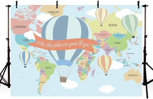MEHOFOND Mapa de viaje, decoración de fiesta de cumpleaños, telón de fondo de viaje alrededor del mundo, globo aerostático Oh The Places You Will Go
