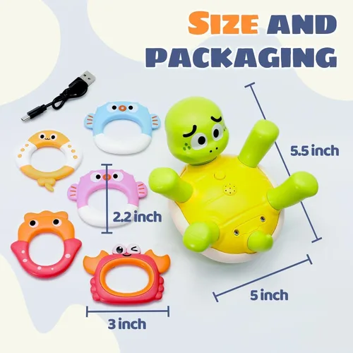 Miniatura 11 de Sizobi Juguetes de Baño para Bebés, Juguete de Baño de Tortuga Recargable con Rociador para Niños Pequeños con 5 Anillos, Juguete de Rociador