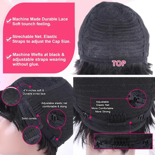 Miniatura 5 de Peluca de cabello humano con corte Pixie para mujeres negras, 100% cabello humano real, peluca corta y recta sin pegamento con flequillo, hecha a