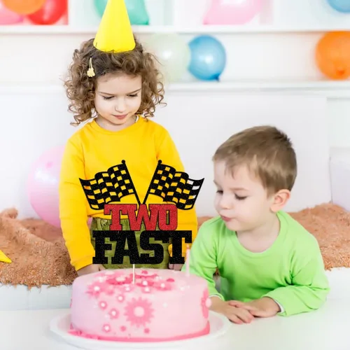 Miniatura 4 de Decoración para pastel de dos velocidades: decoración de pastel con purpurina para fiesta de 2º cumpleaños, bandera a cuadros de coche de carreras
