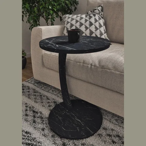 Miniatura 3 de Mesa auxiliar en forma de C para sofá, lugares pequeños, mesa auxiliar redonda de mármol sintético negro, ahorradora de espacio, mesa lateral
