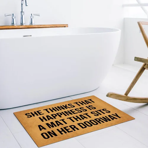 Miniatura 5 de Tapete divertido con texto en inglés "She Thinks That Happiness is A Mat" que se sienta en su puerta, antideslizante, para exteriores e interiores