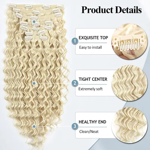 Miniatura 3 de Meepo Extensiones de cabello rubio rizado con clip para mujeres negras, extensiones de cabello natural grueso y ondulado profundo, extensiones