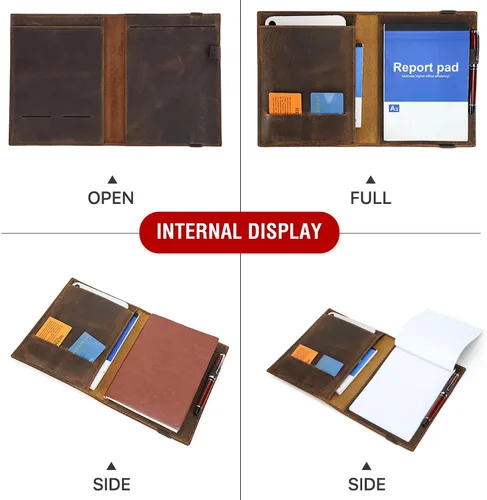 Miniatura 7 de Top Grain Leather - Padfolio de 8.3 pulgadas para hombres y mujeres, diseño vintage hecho a mano, organizador multifuncional de cartera de negocios