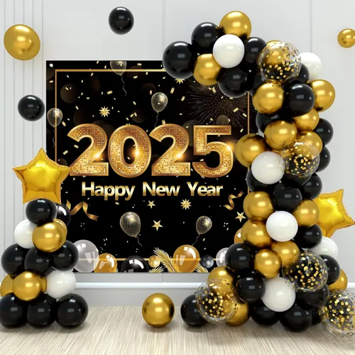 Suministros para fiesta de Año Nuevo 2025, decoraciones de Año Nuevo, globos de confeti negro y dorado, kit de arco de guirnalda de globos de feliz