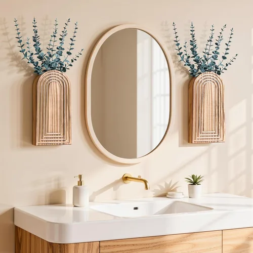 Miniatura 8 de DREAMLOOM Paquete de 2 jarrones de pared de madera con plantas artificiales de eucalipto, macetas para colgar en la pared, estilo bohemio y moderno