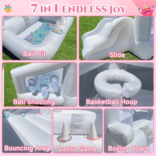 Miniatura 3 de Casa de rebote blanca, casa inflable para niños de 3 a 6 años con piscina de bolas y tobogán, castillo inflable para fiestas de cumpleaños, bodas