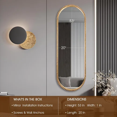 Miniatura 4 de Espejo Ovalado de Cuerpo Entero, 20"x53" Marco de Metal con Cuentas Espejo Grande de Vestidor de Pie para Dormitorio, Sala de Estar, Entrada, Oro