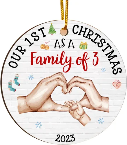 Miniatura 11 de Gossby Adorno de Navidad acrílico para la familia de 3 – Adorno de madera para la primera Navidad del bebé – Nuestra primera Navidad como familia