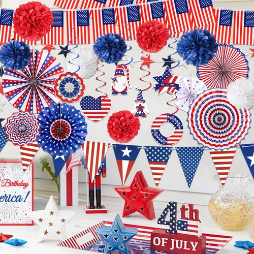 Miniatura 4 de 34 piezas de decoraciones del 4 de julio, suministros para fiesta del 4 de julio, pancarta de estrellas de la bandera de Estados Unidos, accesorios