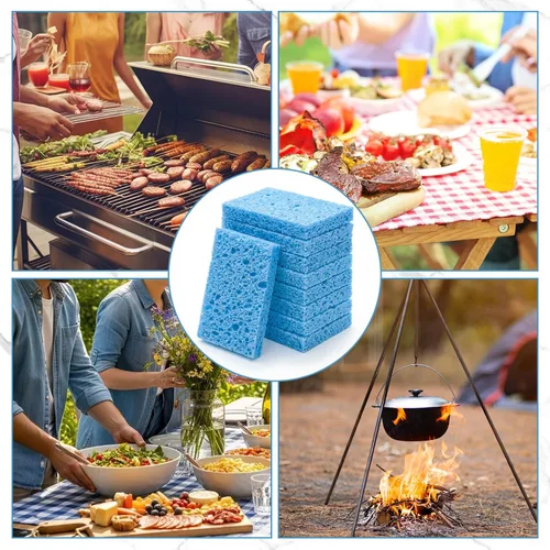 Miniatura 7 de Zhengmy 48 esponjas a granel, esponjas comprimidas de cocina, esponja natural para platos, limpieza de pulpa de madera comprimida sin rayar para Azul