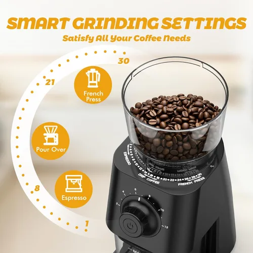 Miniatura 4 de AYCHIRO Molinillo de café eléctrico, molinillo de granos de café para uso doméstico con 30 ajustes de molienda, capacidad de 12 tazas para expreso