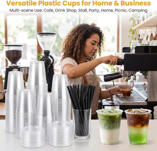 Miniatura 5 de Juego de 100 vasos de plástico desechables transparentes con tapas y pajitas, tazas de café helado de plástico resistentes y seguras para alimentos