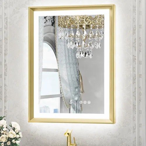 TETOTE Espejo LED dorado para baño, marco de metal de 20 x 28 pulgadas, espejo de tocador iluminado frontal y retroiluminado, barroco, antiniebla,