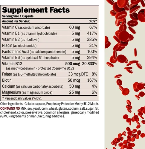 Miniatura 2 de ANDREW LESSMAN Vitamina B12 500 60 cápsulas – Metilcobalamina protegida por absorción (coenzima natural vitamina B12), esencial para la energía