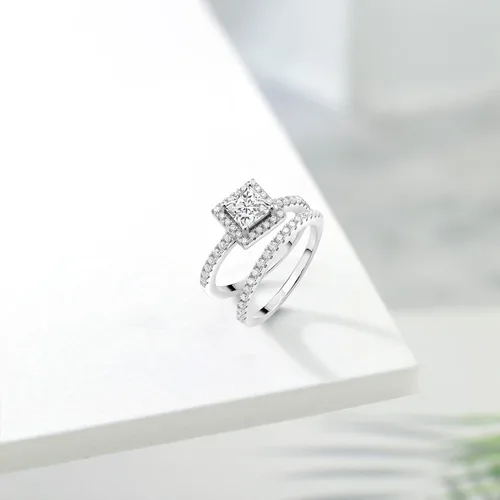 Miniatura 5 de 925 Sterling Silver Halo Bridal Ring Band Set for Women 5MM Princess Cut Gemstone Birthstone with Round White Moissanite Accents Wedding