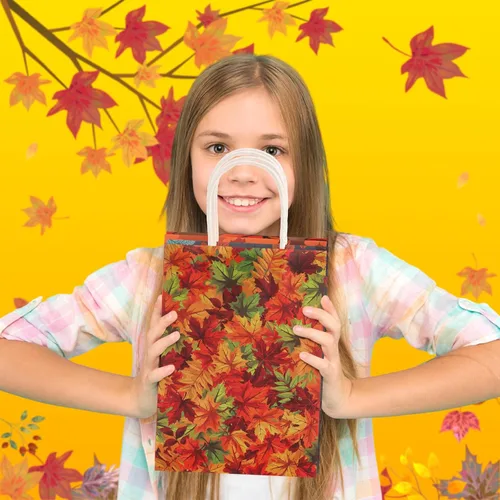 Miniatura 6 de Tenceur 24 bolsas de regalo de otoño de papel kraft a granel, bolsas de regalo naranja, elementos de hoja de arce, bolsas de dulces con asas