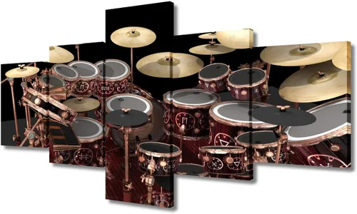 Miniatura 54 de Arte de pared en blanco y negro, kit de batería de jazz morado sobre fondo negro, pinturas de 5 paneles, lienzo, arte de pared para decoración