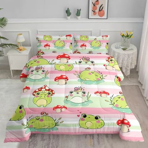 Miniatura 15 de Juego de ropa de cama Kawaii de fresa para niñas, juego de ropa de cama con patrón de cuadrícula rosa con 1 edredón y 2 fundas de almohada