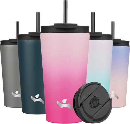 Miniatura 25 de Konokyo Vaso aislado de 18 onzas con tapa y 2 pajillas, botella de agua de acero inoxidable, taza de viaje al vacío, taza de café, color blanco ángel