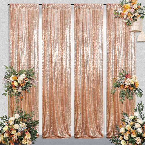 Miniatura 8 de Juya Delight 2 cortinas de lentejuelas doradas de 2 x 8 pies, telón de fondo de fotos con purpurina para fiestas, cumpleaños, bodas, decoración