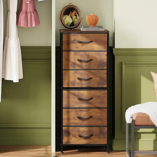 Miniatura 4 de WLIVE Cómoda alta para dormitorio, cómoda de 6 cajones y cómodas, cómoda de tela para armario, mesita de noche con marco de metal, torre