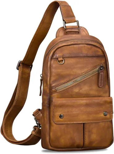 IVTG Bolso bandolera de cuero genuino para hombres y mujeres, estilo vintage, hecho a mano, bolso de hombro, bolso cruzado en el pecho, Marrón,