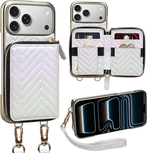 Miniatura 70 de Funda tipo cartera para iPhone 15 de 6.1 pulgadas, bolso cruzado con cremallera y correa para la muñeca con cordón para mujer, tarjetero con bloqueo